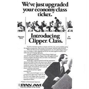 Pan Am Clipper Class Economy Class Ticket Upgrade Print Ad 1970s